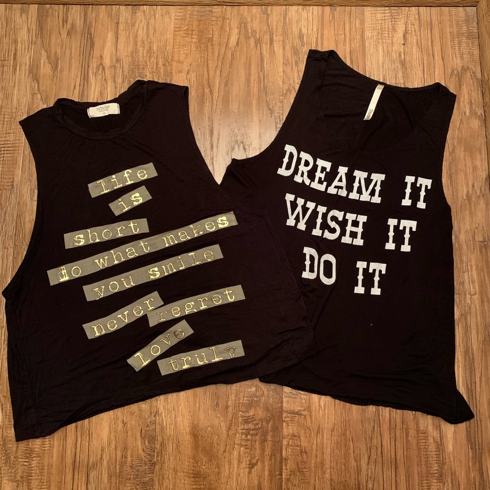 2 black loose fit tank tops with scoop necklines.